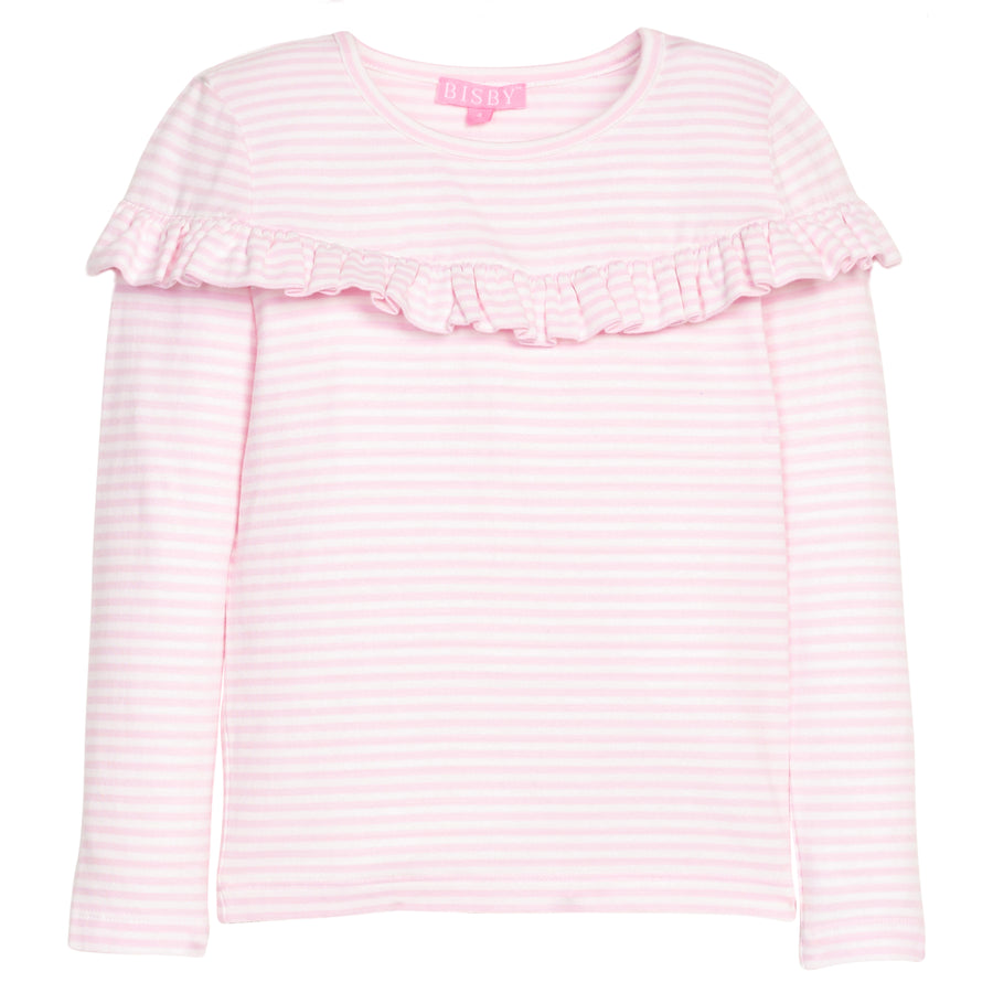 Girls/tween knit long sleeve top in pink and white stripe that features a ruffle detail across the front body of the shirt.