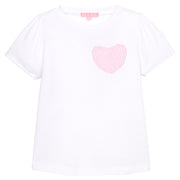 BISBY girl basic white tee shirt that has a faux heart pocket in a pink and white stripe sparkly seersucker fabric to elevate the tee. 