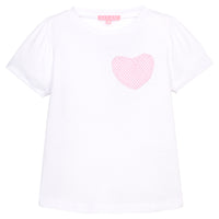 BISBY girl basic white tee shirt that has a faux heart pocket in a pink and white stripe sparkly seersucker fabric to elevate the tee. 