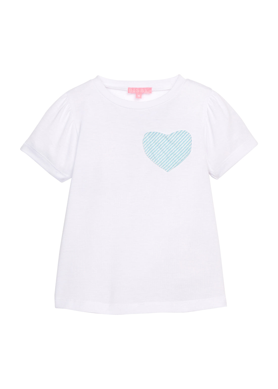 BISBY girl basic white tee shirt that has a faux heart pocket in a blue and white stripe sparkly seersucker fabric to elevate the tee.