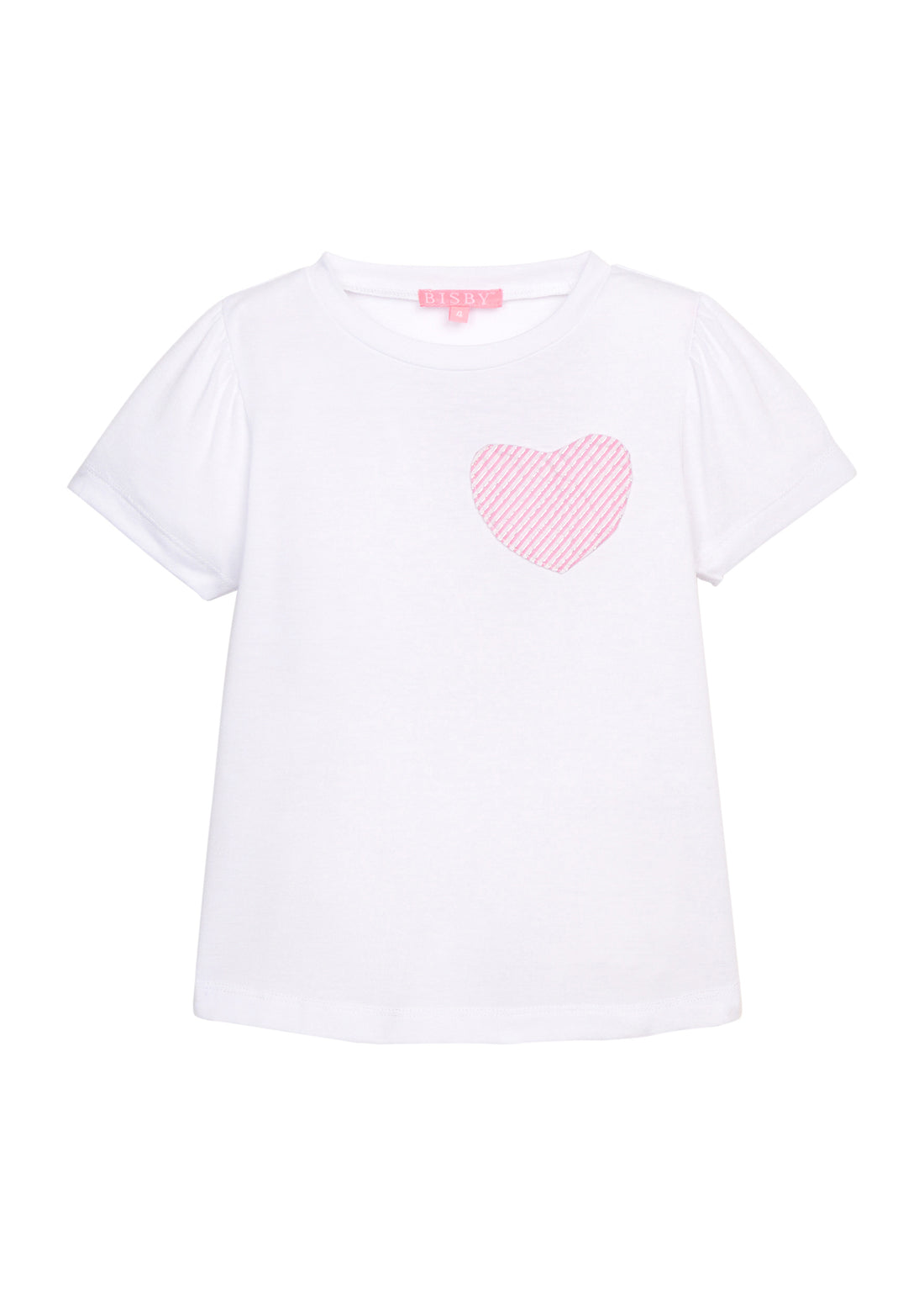 BISBY girl basic white tee shirt that has a faux heart pocket in a pink and white stripe sparkly seersucker fabric to elevate the tee.