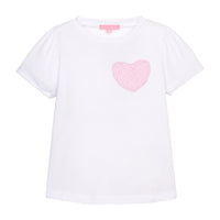 BISBY girl basic white tee shirt that has a faux heart pocket in a pink and white stripe sparkly seersucker fabric to elevate the tee.