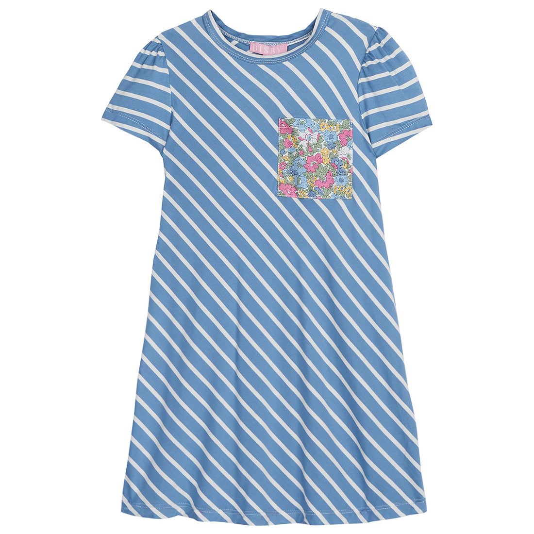 Blue and white striped short sleeve dress with a pocket on left side with bright floral pattern on it--EverydayDress for girls/teens BISBY