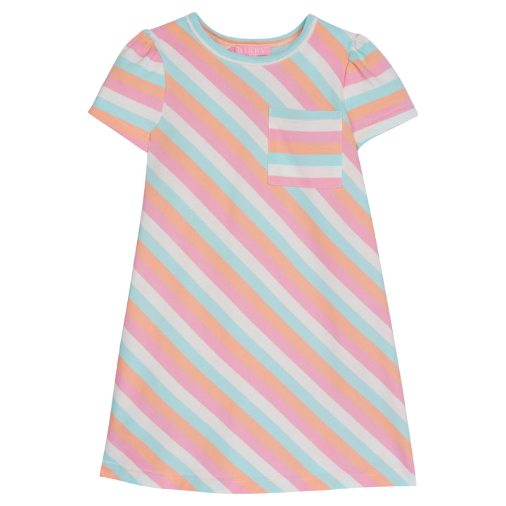 Girl dress with slanted stripes in orange, light pink, aqua, and cream. Has a single pocket on left bust area that has horizontal stripes of the same colors going through it.