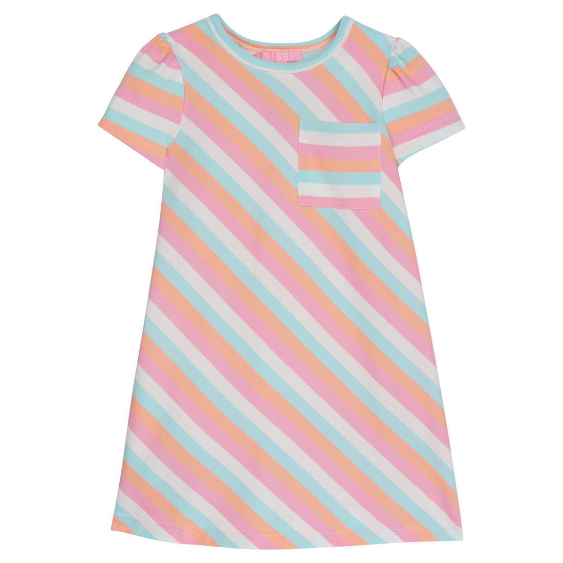 Girl dress with slanted stripes in orange, light pink, aqua, and cream. Has a single pocket on left bust area that has horizontal stripes of the same colors going through it.