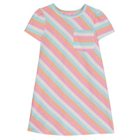 Girl dress with slanted stripes in orange, light pink, aqua, and cream. Has a single pocket on left bust area that has horizontal stripes of the same colors going through it.