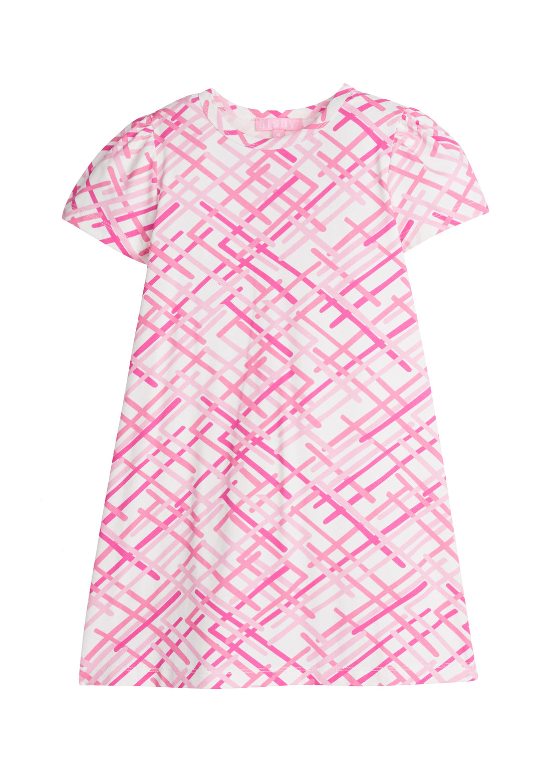 Girls/Tween short sleeve stretchy/comfy knit dress in a fun hot pink/light pink zig zag print.