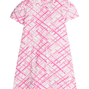 Girls/Tween short sleeve stretchy/comfy knit dress in a fun hot pink/light pink zig zag print.