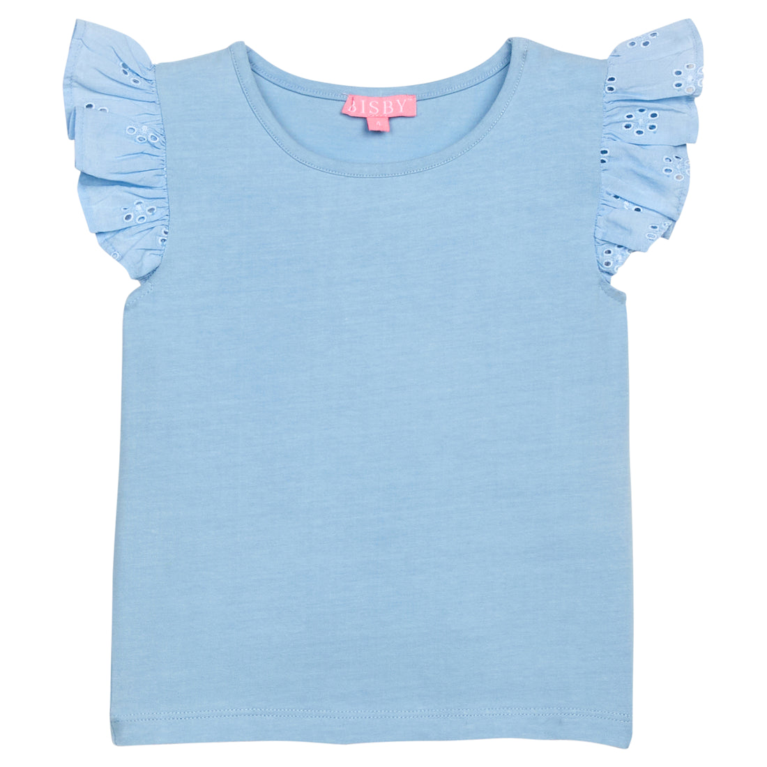 BISBY girl knit tee in a light blue that features an eyelet detailing at sleeves for an elevated look. 