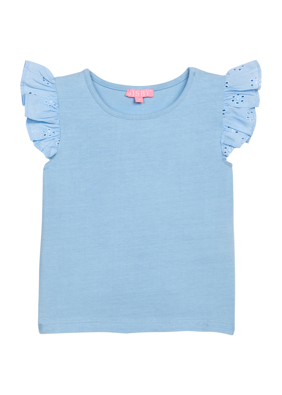 BISBY girl knit tee in a light blue that features an eyelet detailing at sleeves for an elevated look.