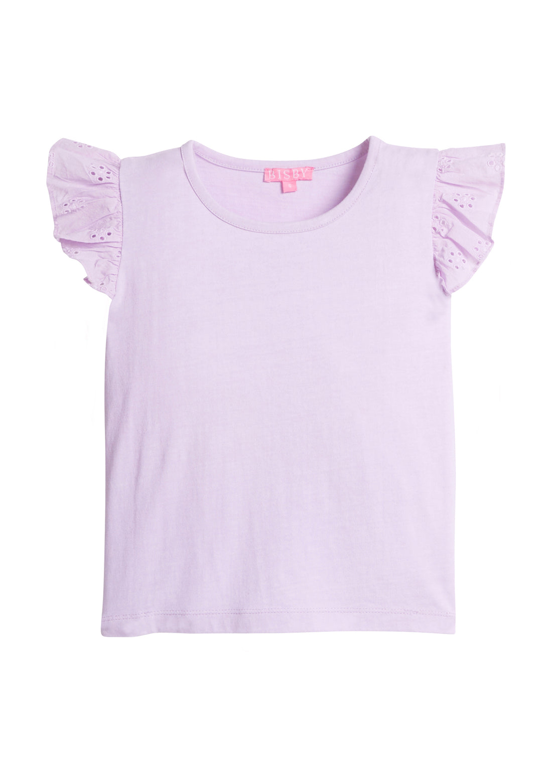 Girls/Tween lilac basic tee shirt with eyelet detail on the angel sleeves.
