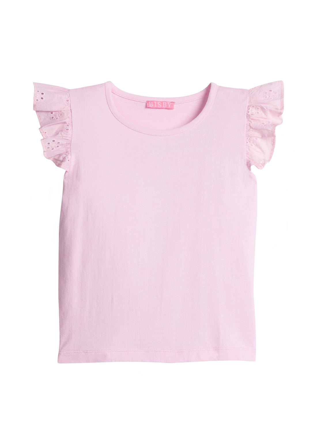Girls/Tween pale pink basic tee shirt with eyelet detail on the angel sleeves.