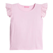 Girls/Tween pale pink basic tee shirt with eyelet detail on the angel sleeves.
