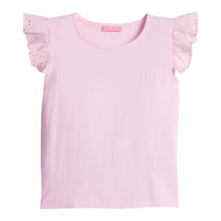 Girls/Tween pale pink basic tee shirt with eyelet detail on the angel sleeves.