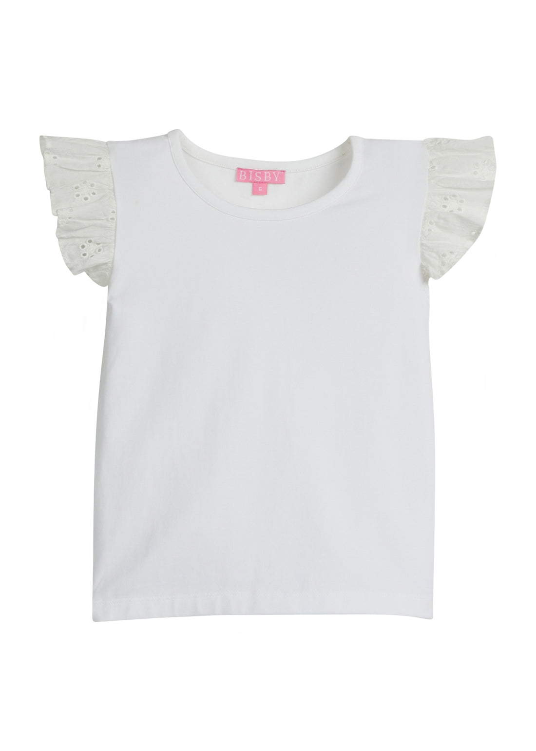 Girls/Tween white basic tee shirt with eyelet detail on the angel sleeves.