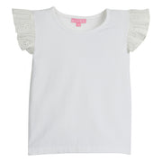 Girls/Tween white basic tee shirt with eyelet detail on the angel sleeves.