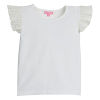 Girls/Tween white basic tee shirt with eyelet detail on the angel sleeves.