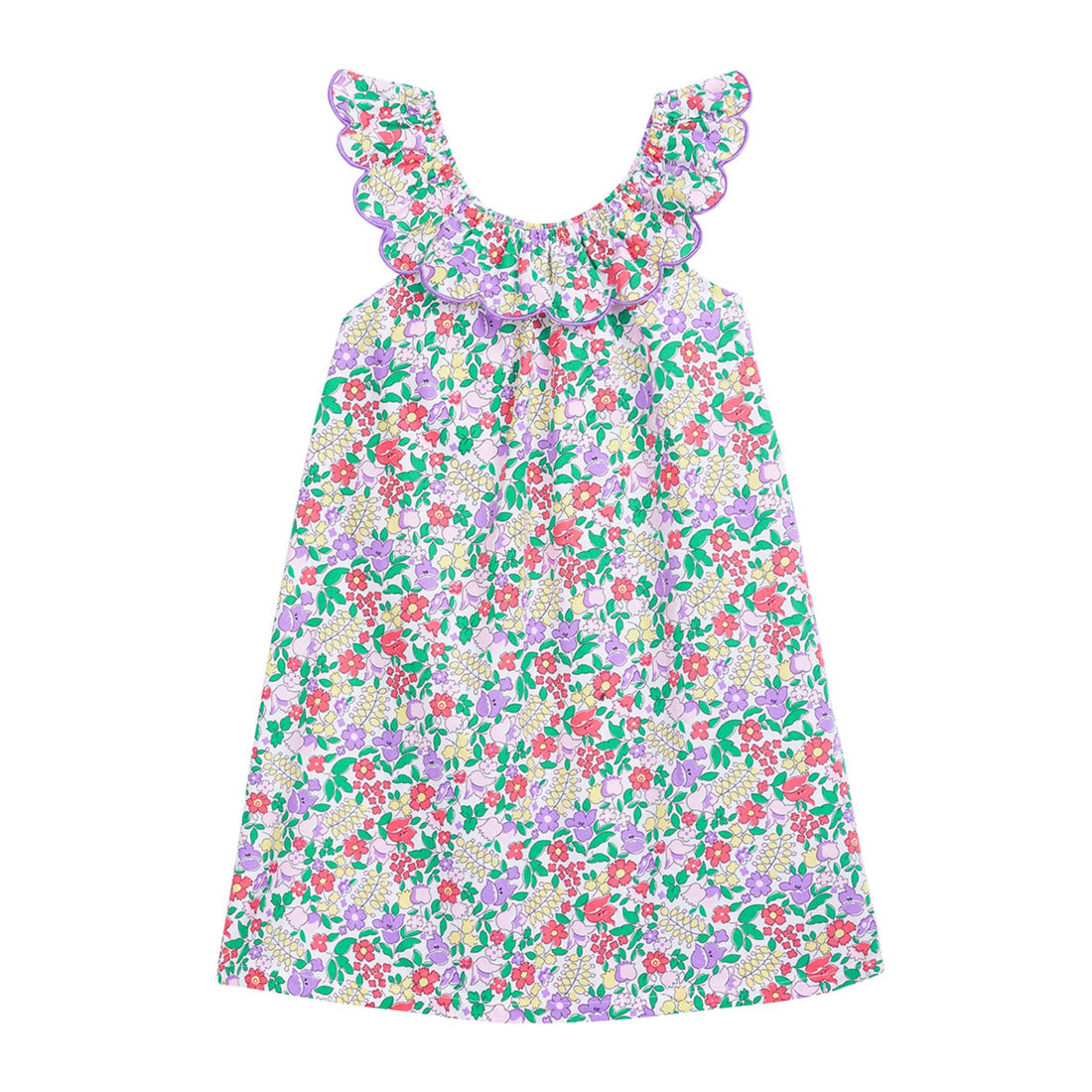 tween girls dress with scalloped neckline in purple floral pattern