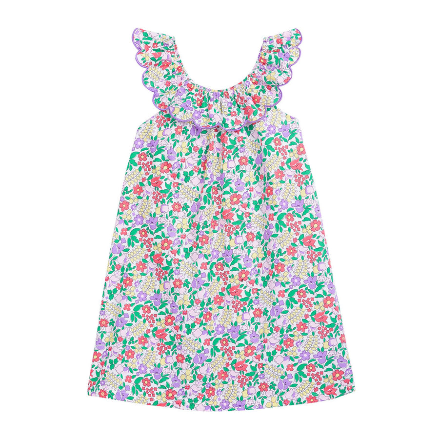 tween girls dress with scalloped neckline in purple floral pattern
