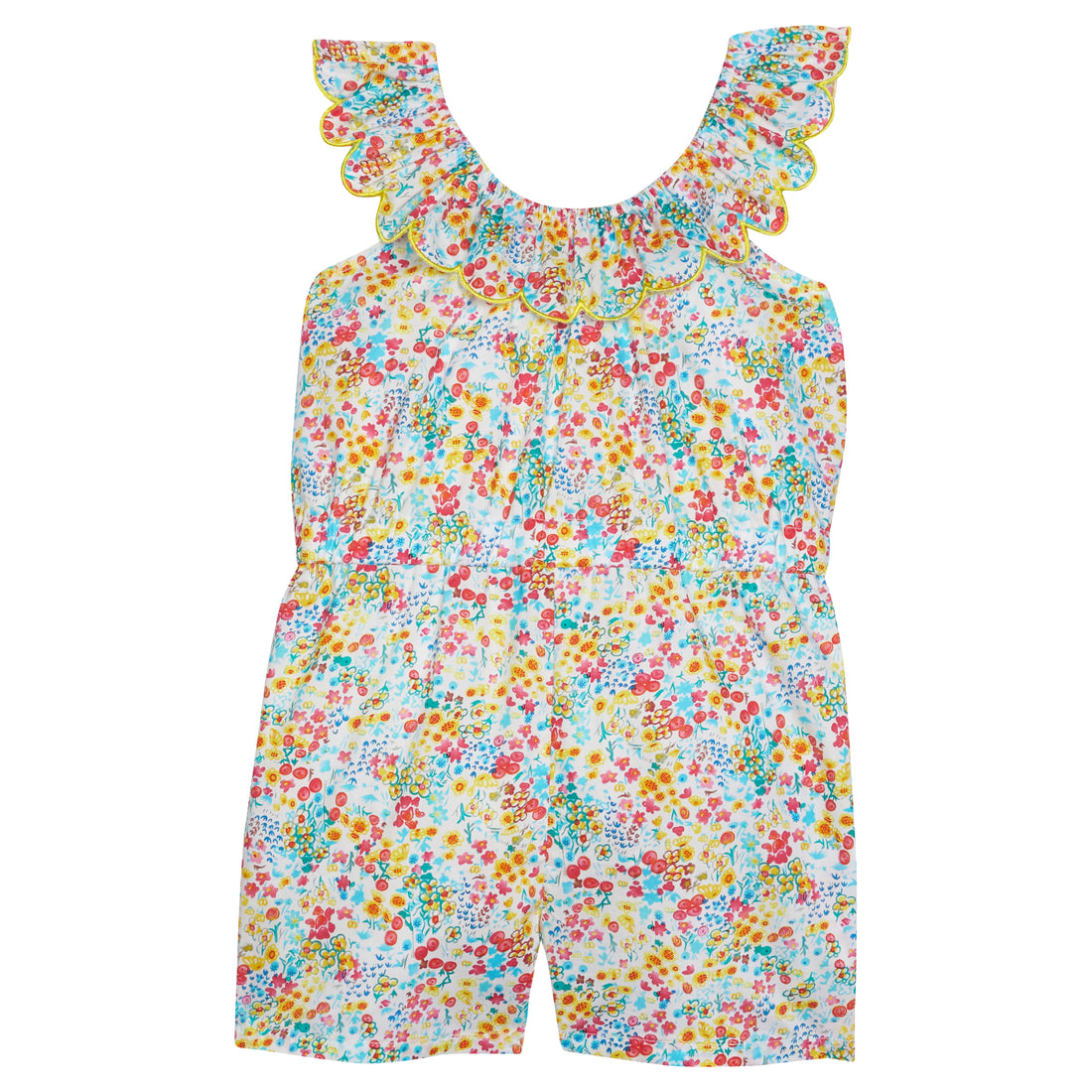 Girl/tween romper with pockets, has scalloped neckline with yellow trim and an elastic waistband, and beautiful red, yellow, and blue floral print