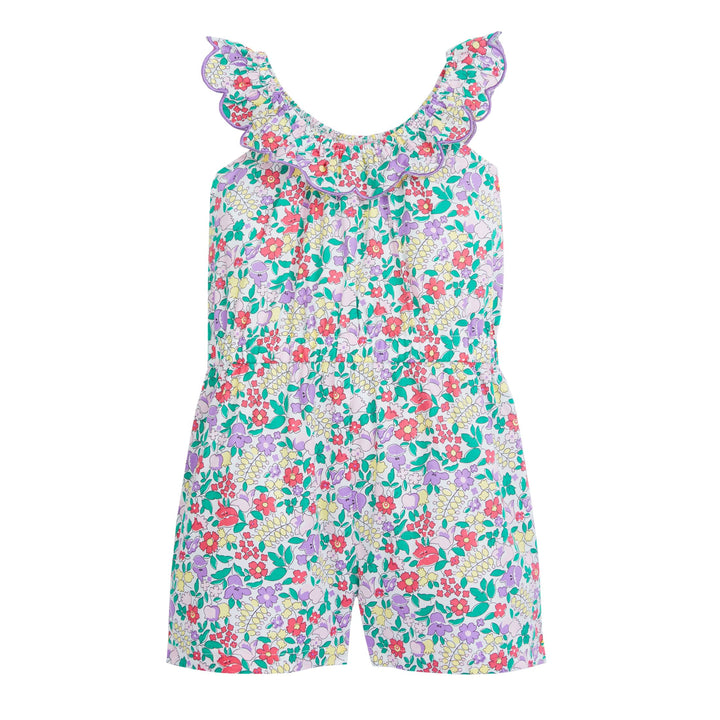 tween girls purple floral romper with scalloped neckline