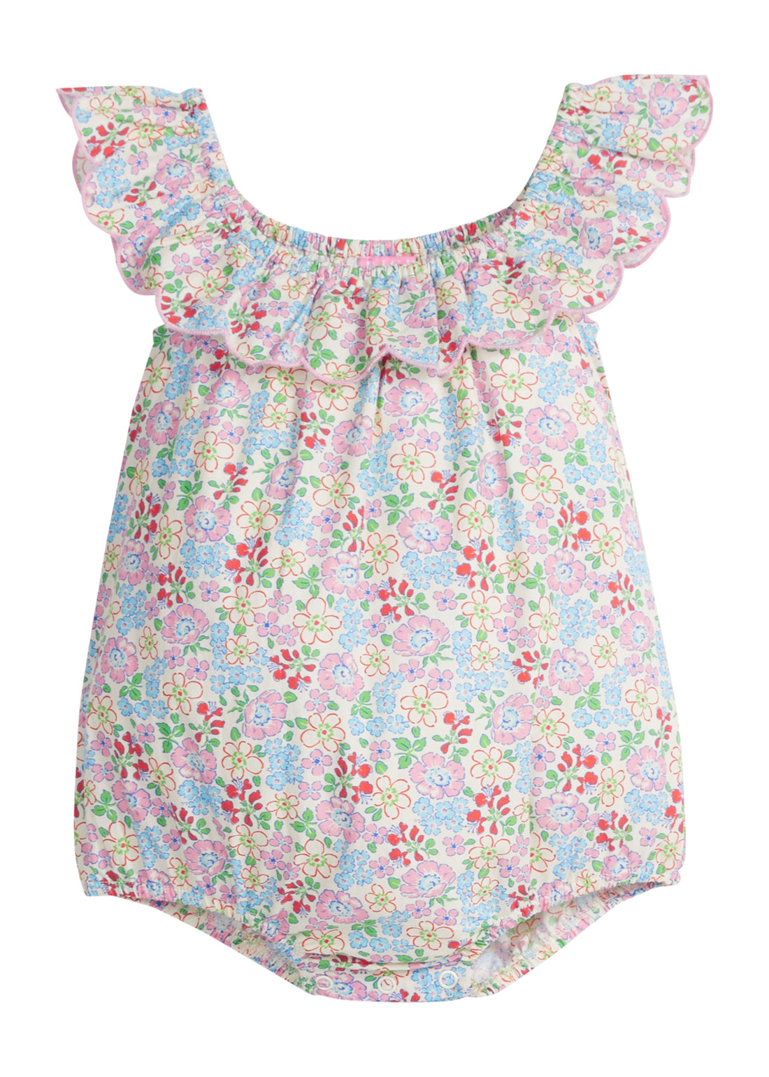 Baby girl woven bubble in a pale yellow/pink/red/blue/green floral print. Bubble also features a ruffle neckline that continues to the back and button closures at the stride for easy put on access. 