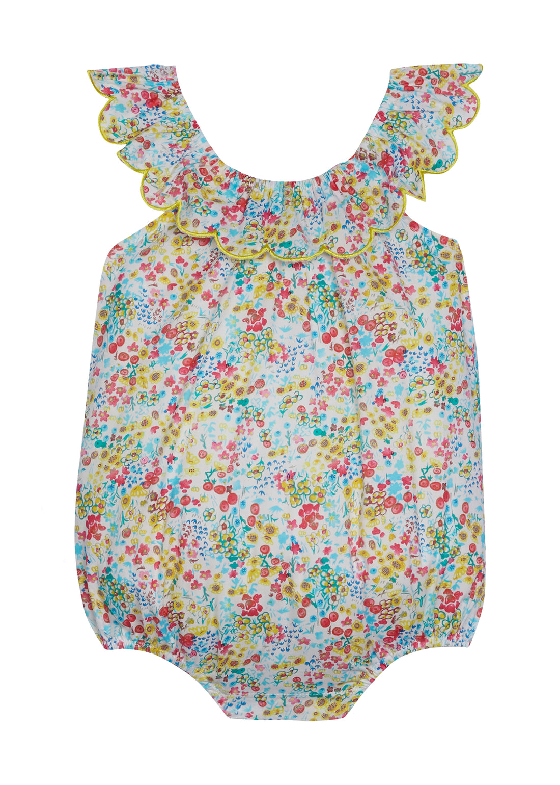 Baby girl bubble with ruffles around the neckline. Vibrant floral arrangement of yellow, blue, and red with buttons at the stride.
