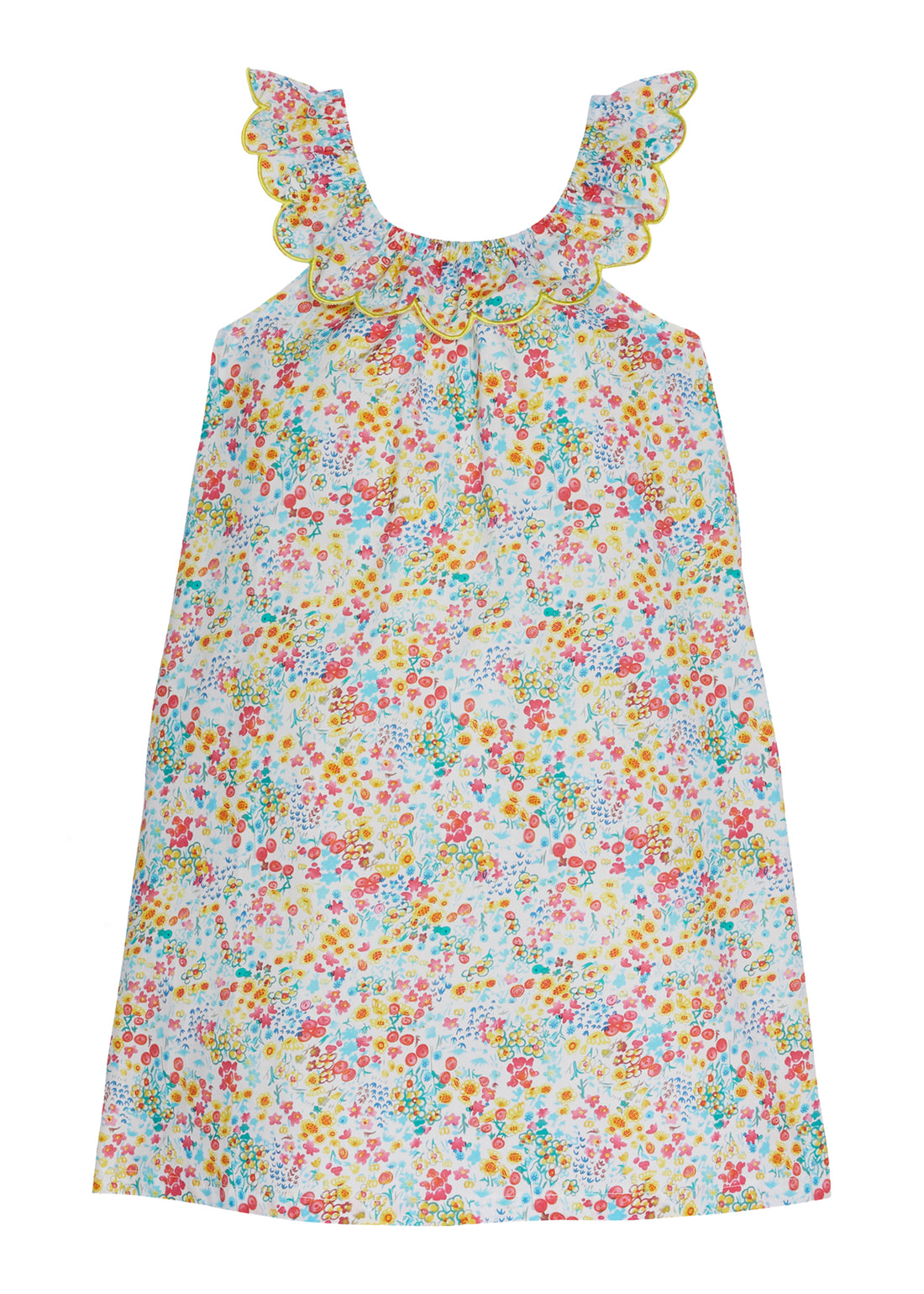 Girl dress with scalloped neckline with yellow trim, straight body style with beautiful yellow, red, and blue floral pattern