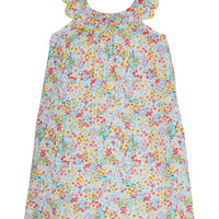 Girl dress with scalloped neckline with yellow trim, straight body style with beautiful yellow, red, and blue floral pattern