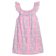 BISBY girl woven dress in a pink/blue/white floral print. Dress features a scallop neckline, that continues onto the back of dress, trim in the matching blue, and elastic neckline for a stretchy comfy fit. 