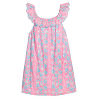 BISBY girl woven dress in a pink/blue/white floral print. Dress features a scallop neckline, that continues onto the back of dress, trim in the matching blue, and elastic neckline for a stretchy comfy fit. 