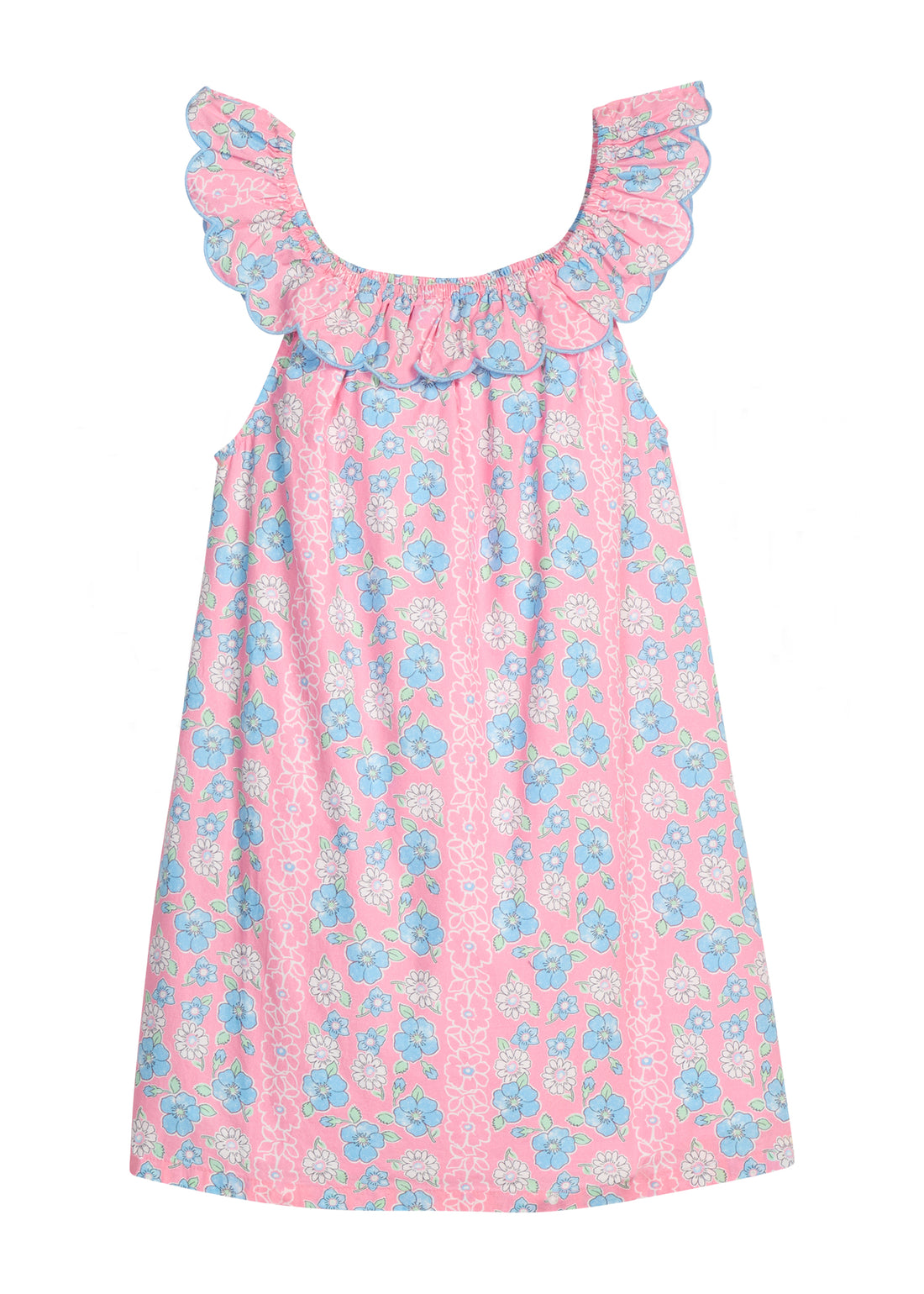BISBY girl woven dress in a pink/blue/white floral print. Dress features a scallop neckline, that continues onto the back of dress, trim in the matching blue, and elastic neckline for a stretchy comfy fit. 