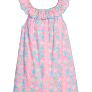 BISBY girl woven dress in a pink/blue/white floral print. Dress features a scallop neckline, that continues onto the back of dress, trim in the matching blue, and elastic neckline for a stretchy comfy fit. 