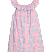 BISBY girl woven dress in a pink/blue/white floral print. Dress features a scallop neckline, that continues onto the back of dress, trim in the matching blue, and elastic neckline for a stretchy comfy fit. 