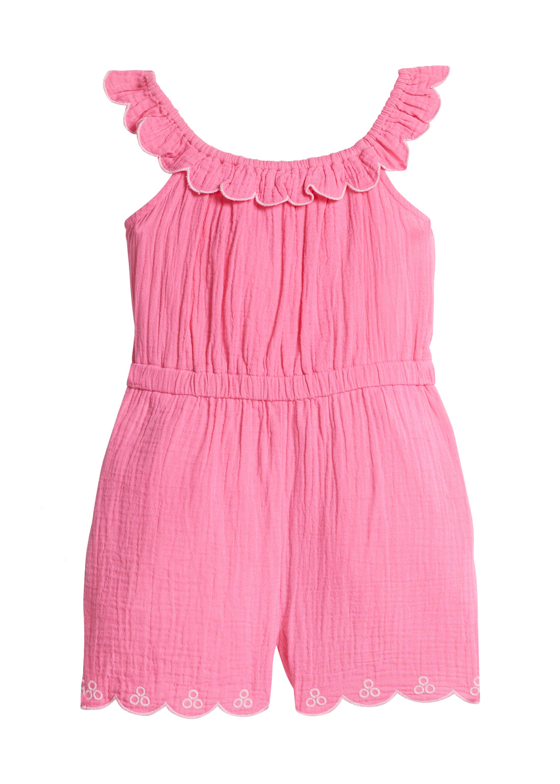 Girls/Tween romper in a beautiful hot pink gauze material. Romper features an elastic waistband, scalloped elastic neckline with a beautiful light pink embroidered edge, and also has pockets.