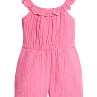 Girls/Tween romper in a beautiful hot pink gauze material. Romper features an elastic waistband, scalloped elastic neckline with a beautiful light pink embroidered edge, and also has pockets.