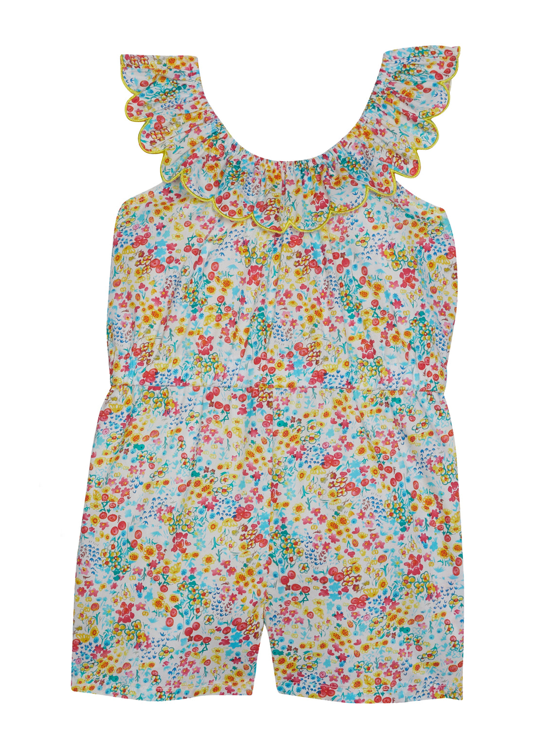 Girl/tween romper with pockets, has scalloped neckline with yellow trim and an elastic waistband, and beautiful red, yellow, and blue floral print