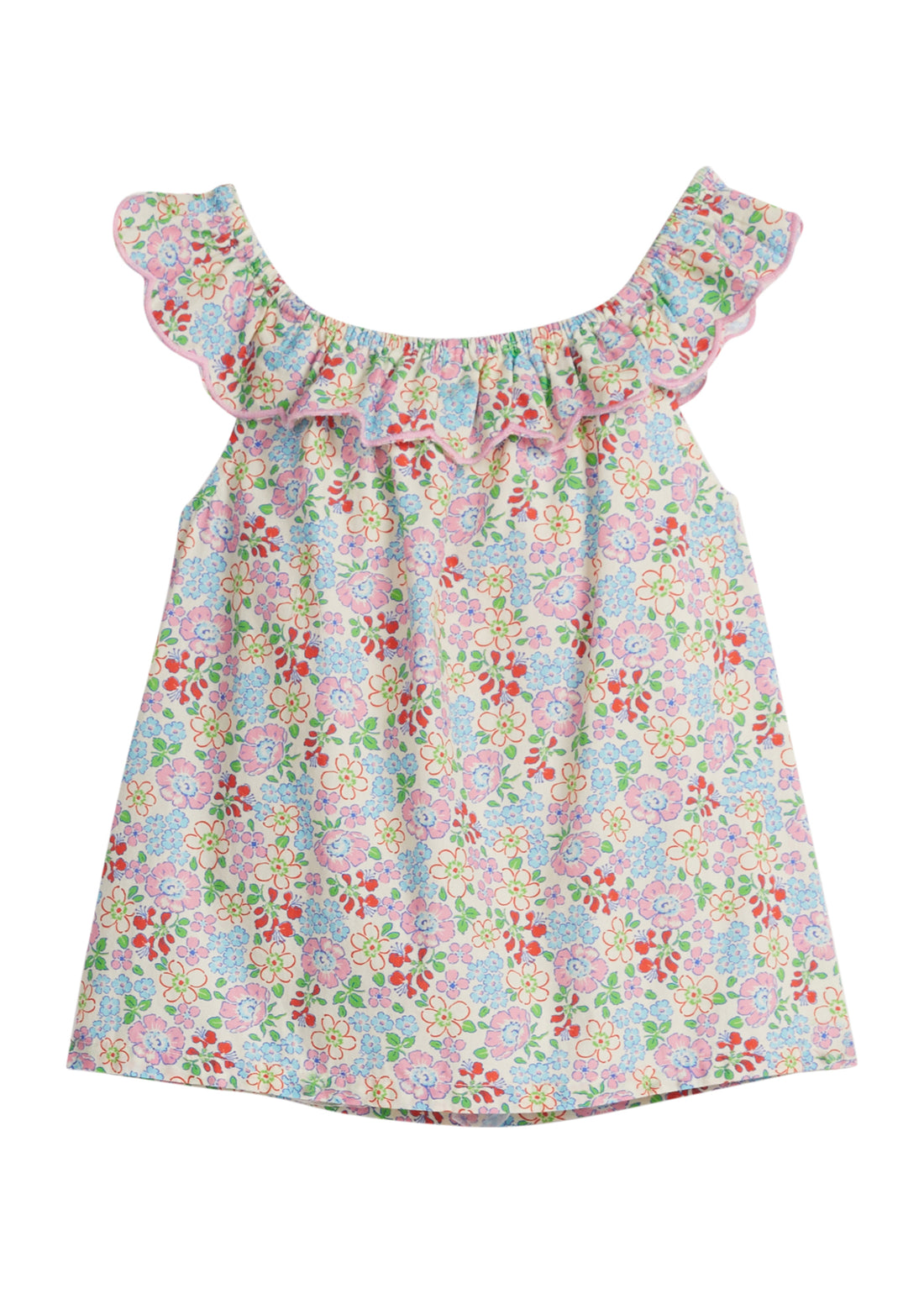 Girls/Tween woven top in a pale yellow/pink/green/red floral print. Top features a ruffle/scallop neckline that continues to the back and has a nice light pink trim. 