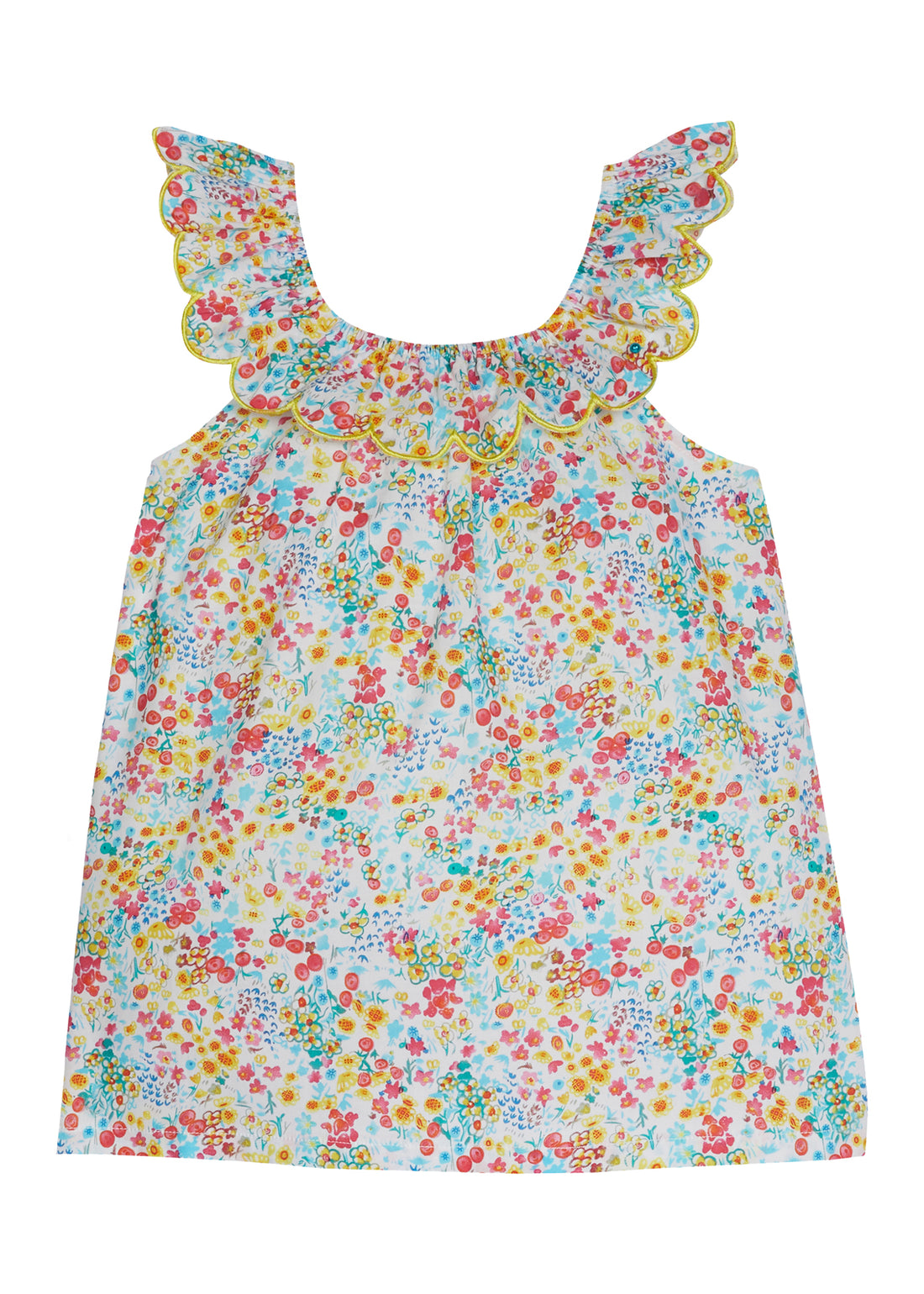 Girl/tween top with a yellow trim scalloped neckline, with red, yellow, blue floral print. 