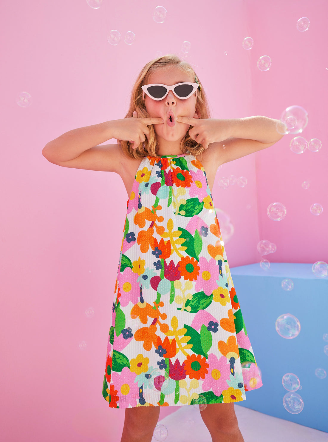 bright vintage floral seersucker halter neck dress for girls and tweens by bisby