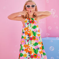 bright vintage floral seersucker halter neck dress for girls and tweens by bisby