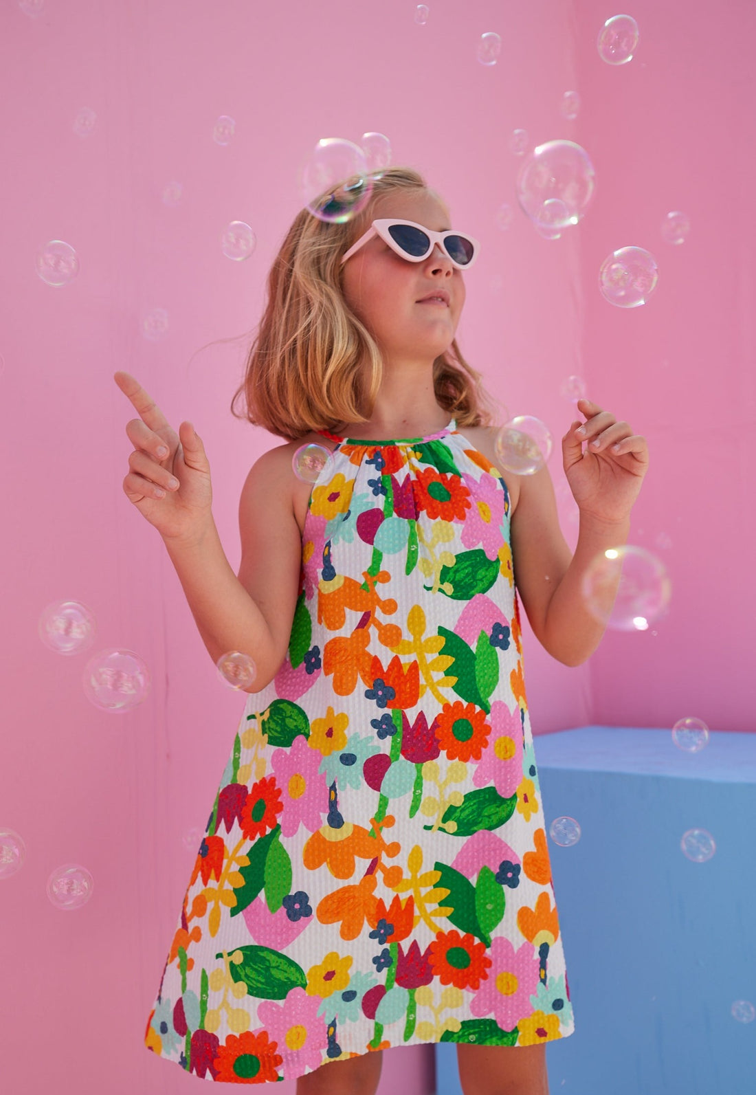 bright vintage floral seersucker halter neck dress for girls and tweens by bisby