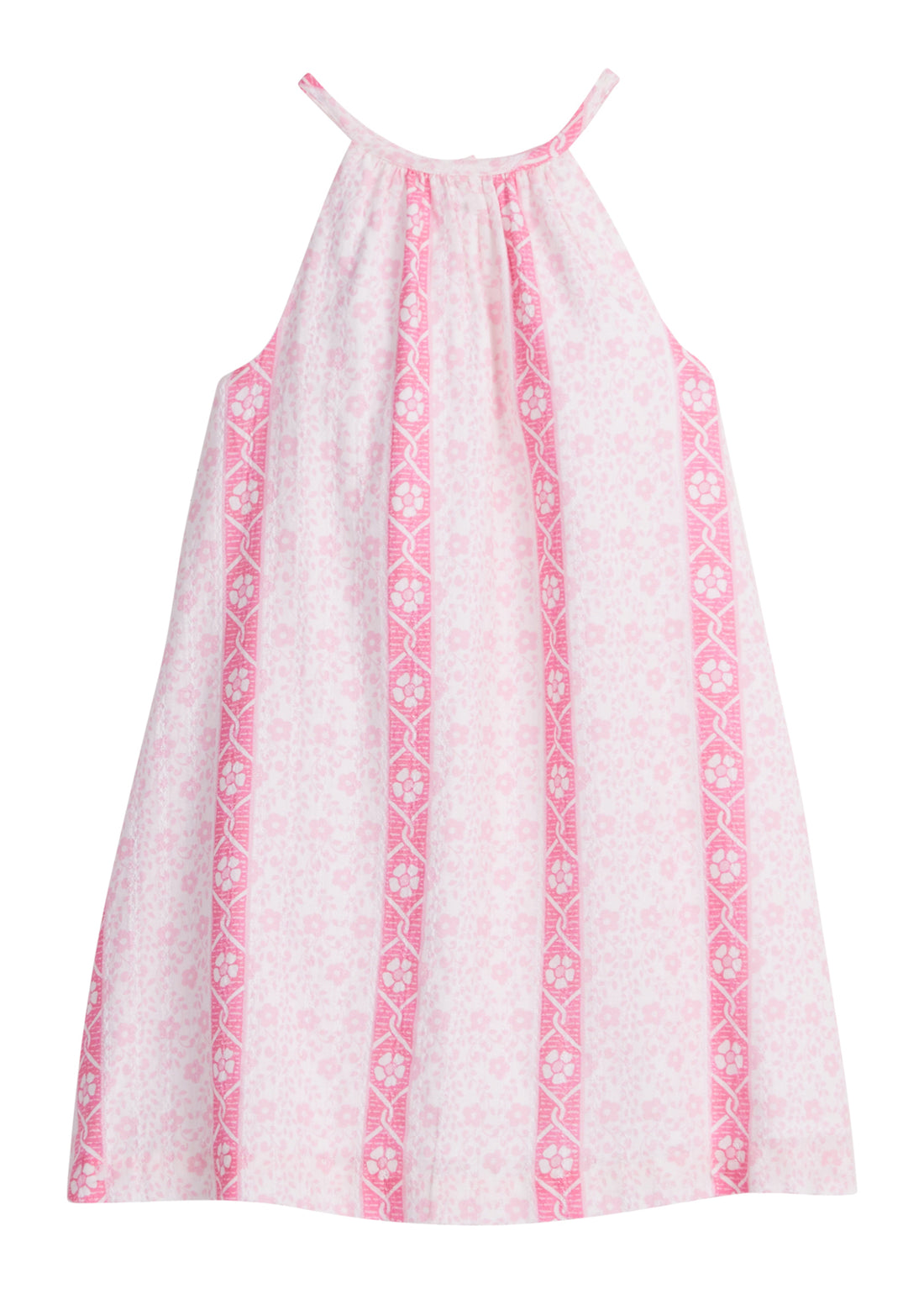 Girls/Tween woven dress in a light pink/hot pink floral print. Dress features a halter neckline and has button closures along back for a relaxed but secure fit. 