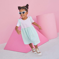 Toddler girl wearing knit BISBY dress in pastel pink and green stripes.