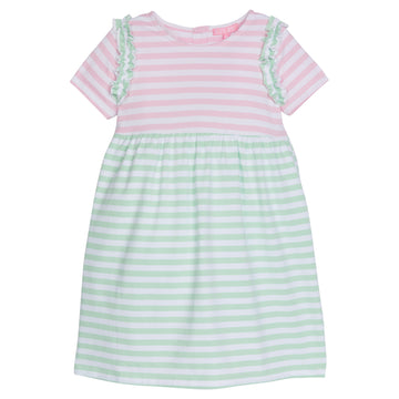 Girl dress with horizontal light pink and white stripes along top half of dress and horizontal light green and white stripes along bottom half. The sleeves of the dress also have little green and white stripe ruffles along inside of sleeve.