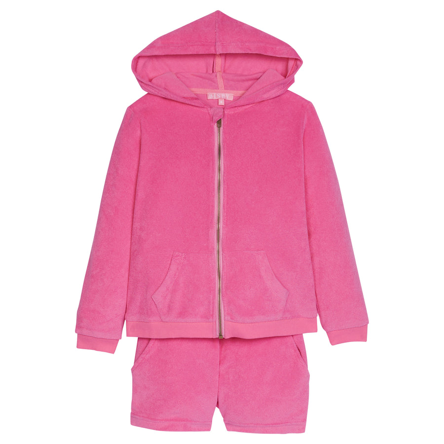 Girl/tween Hot Pink Terry cloth hoodie and short set. Hoodie has zipper and two pockets and shorts have an elastic waistband and pockets as well--BISBY