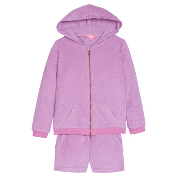 Girl/tween Lilac Terry cloth hoodie and short set. Hoodie has zipper and two pockets and shorts have an elastic waistband and pockets as well--BISBY