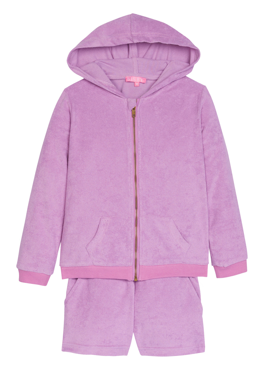 Girl/tween Lilac Terry cloth hoodie and short set. Hoodie has zipper and two pockets and shorts have an elastic waistband and pockets as well--BISBY