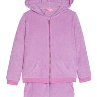 Girl/tween Lilac Terry cloth hoodie and short set. Hoodie has zipper and two pockets and shorts have an elastic waistband and pockets as well--BISBY