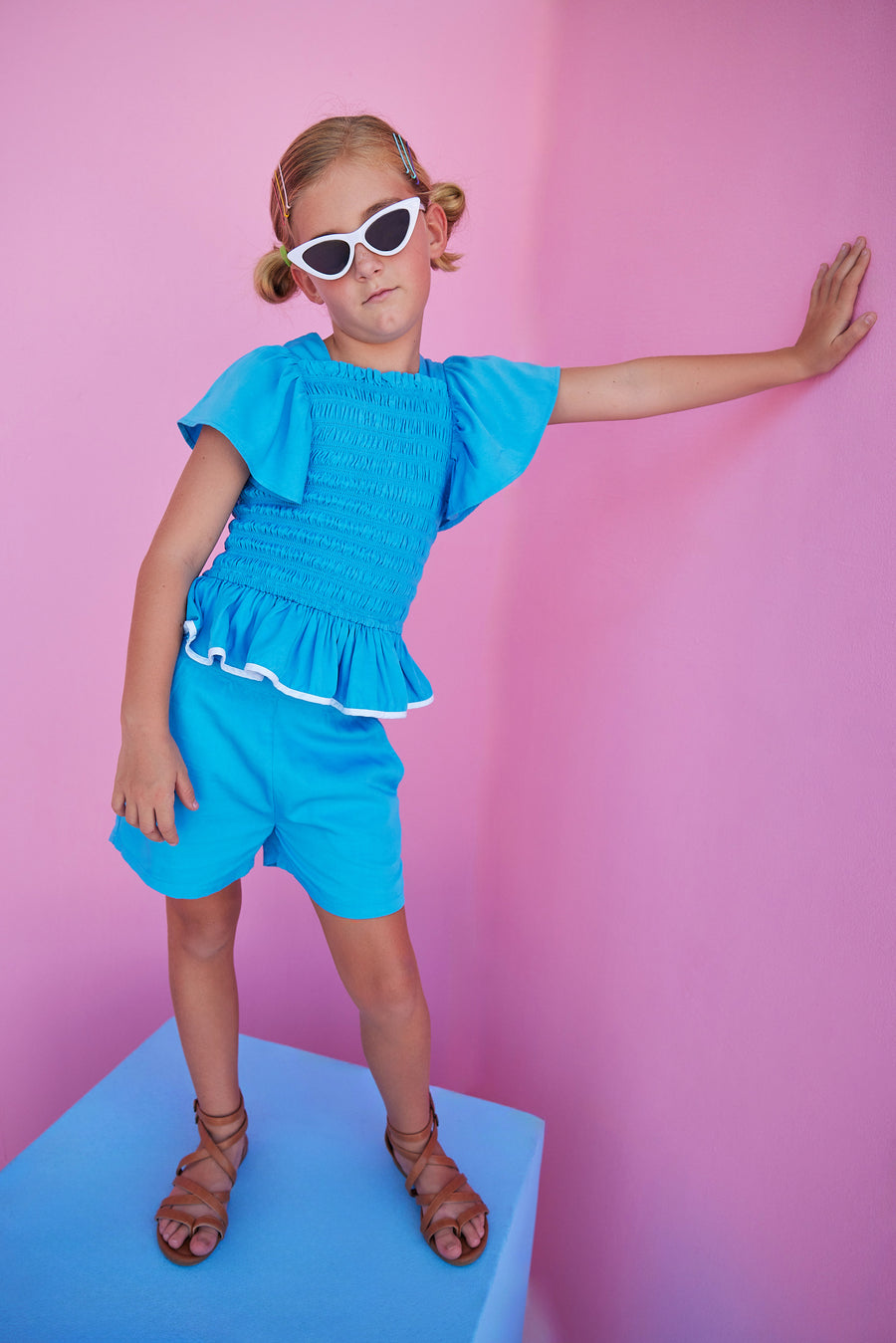 Blue Basic Shorts in our rayon blend material with an elastic waistband and pockets paired with our India Top in Blue.